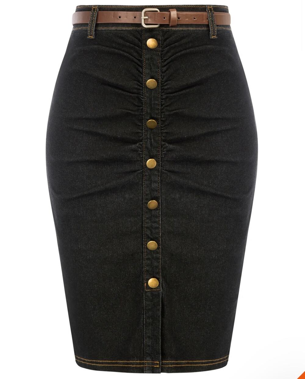 Belle Poque Black Ruched Denim Pencil Skirt Medium Retro Y2K Western